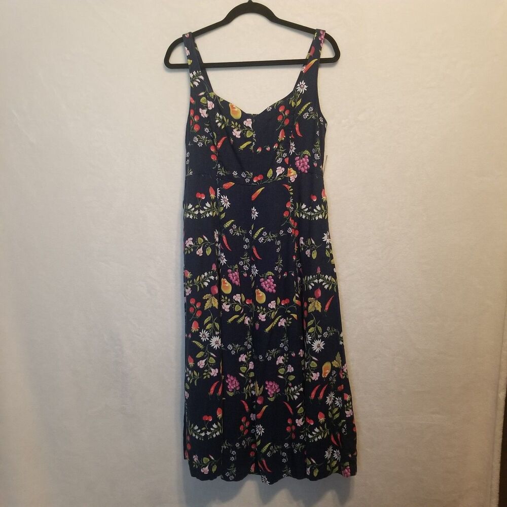 Old Navy M Dress Navy Linen Blend Midi Fruit Garden Party Cottagecore Boho